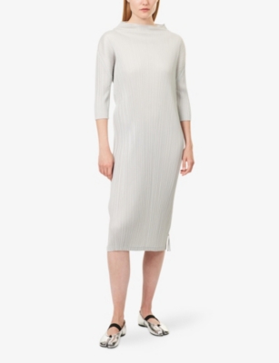 Issey Miyake Womens Light Gray Three-quarter Sleeve Plisse Knitted Midi Dress In White