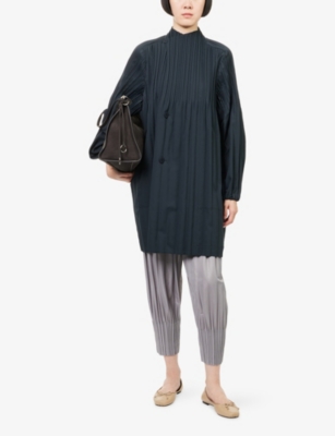 Issey Miyake Womens Charcoal Smooth Pleat Knitted Coat In Blue