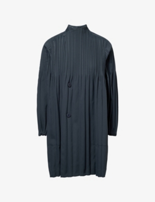 Issey Miyake Womens Charcoal Smooth Pleat Knitted Coat In Blue