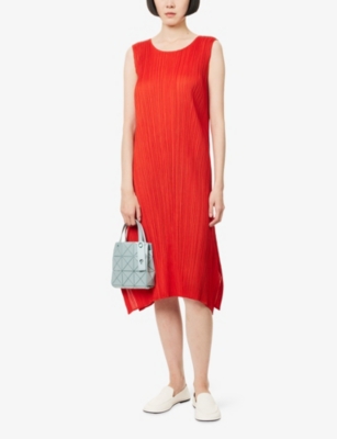 Issey Miyake Womens Bright Red Sleeveless Pleated Knitted Midi Dress In Red