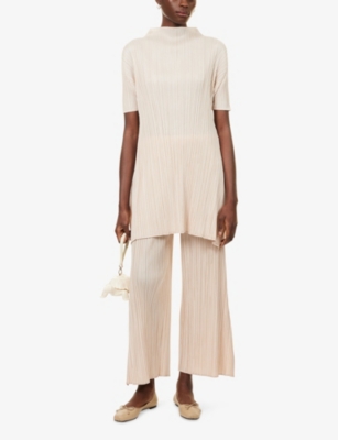 Issey Miyake Womens Light Beige Mock-neck Short-sleeve Knitted Tunic Top In White