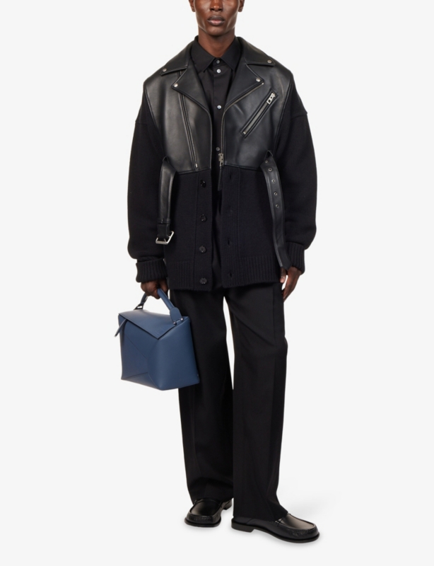 Hybrid Notched-Collar Leather And Wool Cardigan