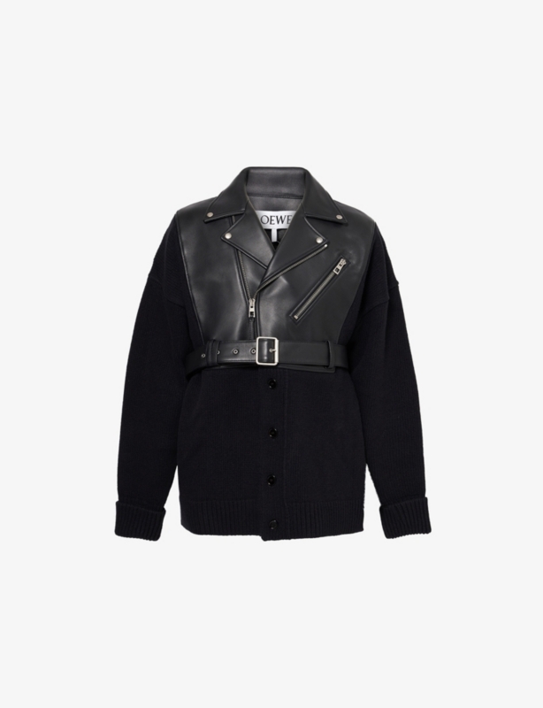 Hybrid Notched-Collar Leather And Wool Cardigan
