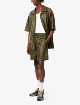 Loewe Mens Khaki Green Monogram Relaxed-fit Leather Shorts In Green