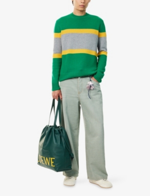 Loewe Mens Green/grey Striped Crewneck Wool Jumper In Green