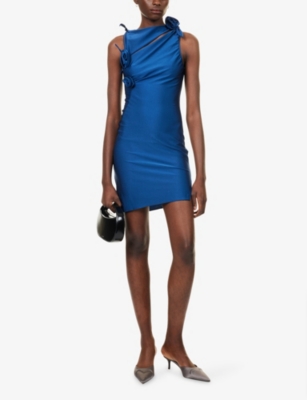 Coperni Womens Blue Isola Asymmetric Flower Stretch-jersey Mini Dress In Blue