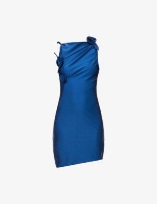 Coperni Womens Blue Isola Asymmetric Flower Stretch-jersey Mini Dress