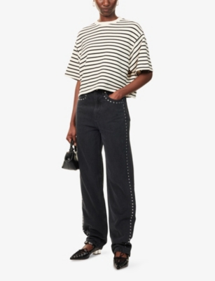 Anine Bing Womens Blk Stripe French Terry Myers Cropped Cotton-blend T-shirt In Neutral