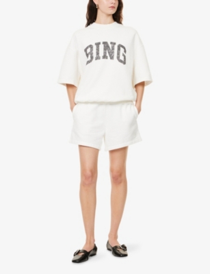 Anine Bing Womens Off White Kam Monogram-embroidery Cotton-jersey Shorts Xs In White