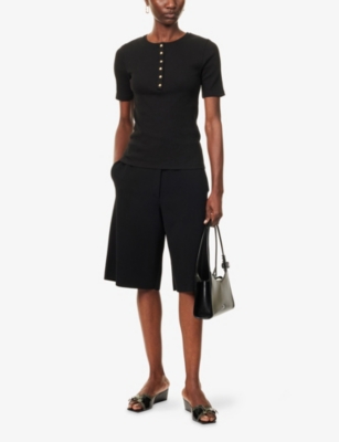 Anine Bing Ribbed Texture Round Neck Button Detailing Top In Black