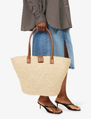 Anine Bing Womens Lou Monogram Raffia Tote Bag Natural With Cognac In Brown