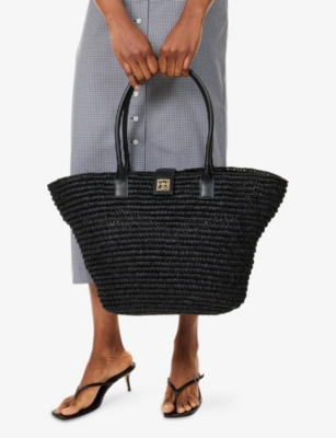 Anine Bing Womens Lou Monogram Raffia Tote Bag Black In Black