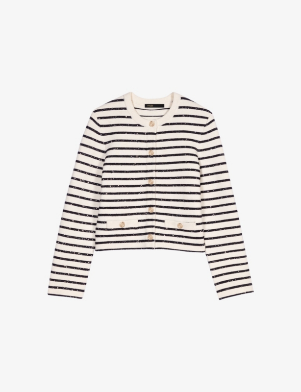 Striped Rhinestone-Embellished Knitted Cardigan