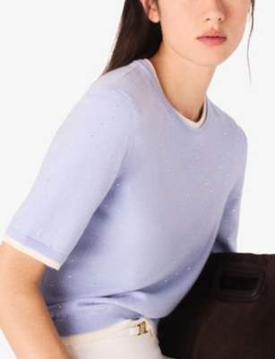Maje Womens Blue Rhinestone-embellished Short-sleeved Stretch Wool-blend Jumper In Blue