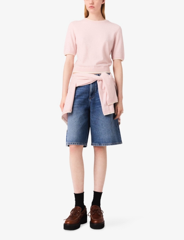 Rhinestone-Embellished Short-Sleeved Stretch Wool-Blend Jumper