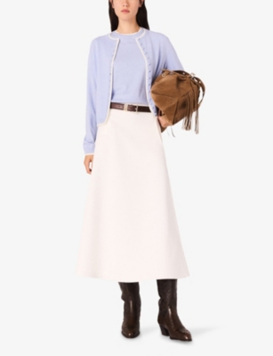 MAJE: Rhinestone-Embellished Contrast-Trim Stretch Wool-Blend Cardigan