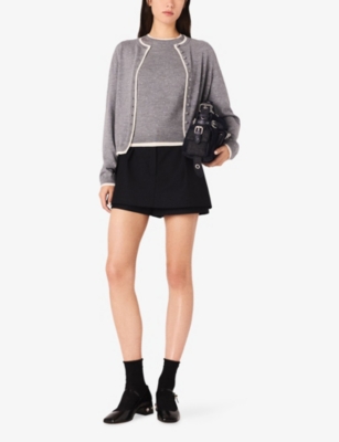 MAJE: Rhinestone-Embellished Contrast-Trim Stretch Wool-Blend Cardigan