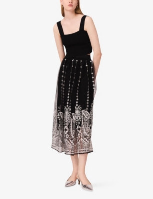 Maje Womens Black Floral-embroidered High-waist Tulle Maxi Skirt In Black