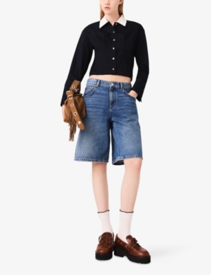 Maje Womens Navy Contrast-collar Cropped Stretch-cotton Poplin Shirt In Blue