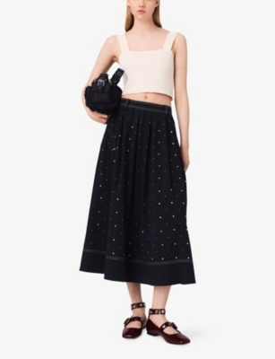 Maje Womens Navy Stud-embellished Contrast-stitching Stretch Cotton-blend Midi Skirt In Blue
