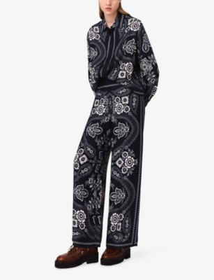Maje Womens Navy Bandana Print Flowing Paisley-print Wide-leg Satin Trousers In Blue