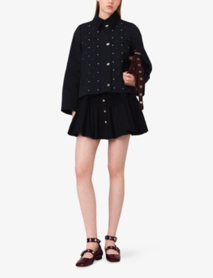 Maje Womens Navy Stud-embellished Corduroy-collar Stretch Cotton-blend Jacket In Blue