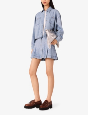 Maje Womens Denim Blue Bridget Rhinestone-embellished Denim Shirt In Blue