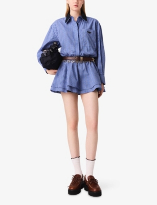 MAJE: Rhinestone-Embellished Contrast-Collar Cotton Mini Dress