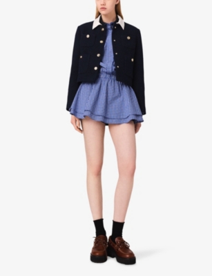 Maje Womens Navy Removable-collar Patch-pocket Short Tweed Jacket In Burgundy