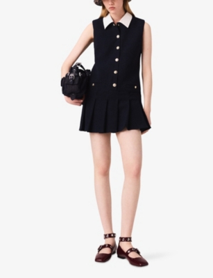 Maje Womens Navy Contrast-collar Tweed-textured Cotton-blend Mini Dress In Black