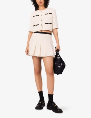 Maje Womens Ecru Contrast-trim Pleated Lurex Tweed Skort In White