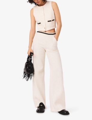 Maje Womens Ecru Contrast-trim Wide-leg Tweed Trousers In Multi