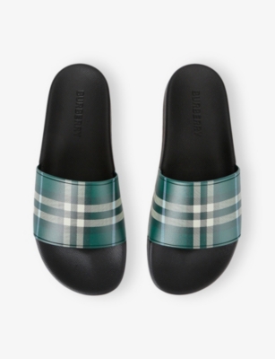 Burberry Mens Green Comb Furley Check Rubber Sliders In Green
