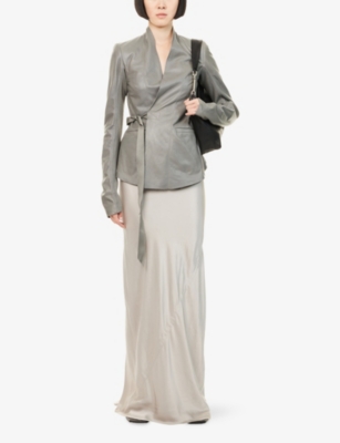 Rick Owens Womens Washed Indigo Hollywood Wrap-front Leather Jacket In Gray