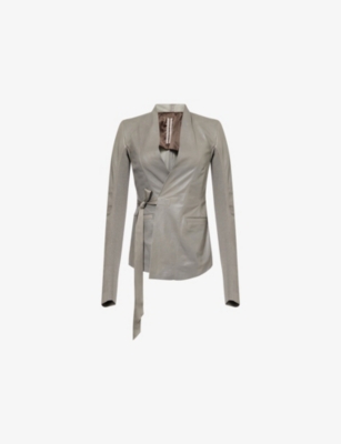 Rick Owens Womens Washed Indigo Hollywood Wrap-front Leather Jacket In Gray