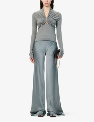 Rick Owens Womens Washed Indigo Drawstring Bias Flared Woven Trousers In Blue