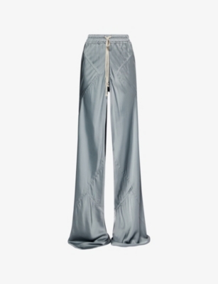 Rick Owens Womens Washed Indigo Drawstring Bias Flared Woven Trousers In Blue