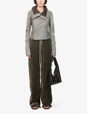 Rick Owens Womens Washed Indigo Classic Ribbed-panel Leather Jacket In Gray