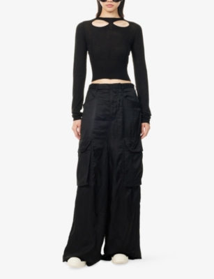 Rick Owens Womens Black Slashed Long-sleeve Cropped Wool Knitted Jumper In Brown