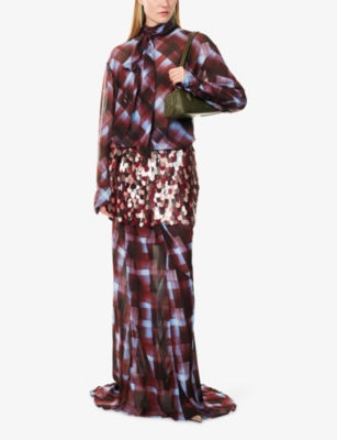 Dries Van Noten Womens Burgundy Smila Check-print Chiffon Maxi Skirt In Multi