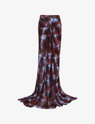 Dries Van Noten Womens Burgundy Smila Check-print Chiffon Maxi Skirt