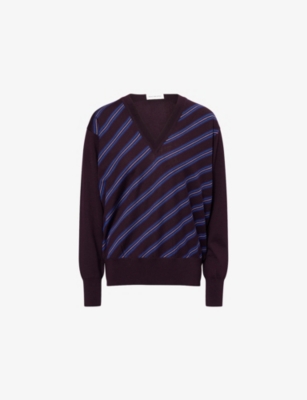 Dries Van Noten Womens Burgundy Tishana V-neck Striped Merino-wool Jumper In Multi