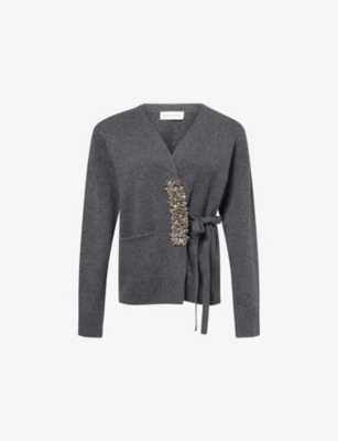 Dries Van Noten Womens Dark Grey Tiah Embellished-patch Cashmere Cardigan In Gray
