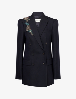 Dries Van Noten Womens Navy Bafy Crystal-embellished Double-breasted Wool Jacket In Blue