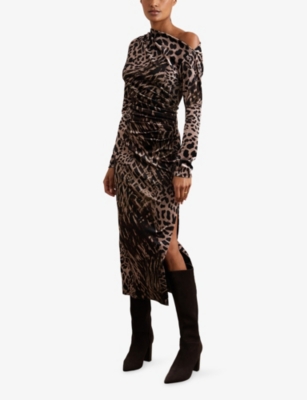 Reiss Womens Black Brown Briana Leopard-print Off-shoulder Stretch-velvet Midi Dress In Brown