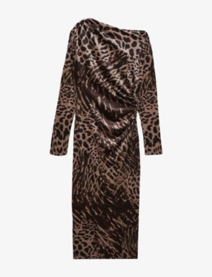 Reiss Womens Black Brown Briana Leopard-print Off-shoulder Stretch-velvet Midi Dress