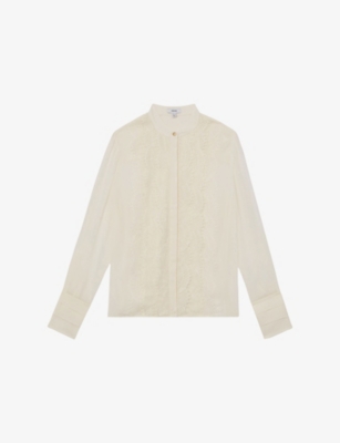 Reiss Womens Cream Miranda Lace-trim Sheer Crepe Blouse In White