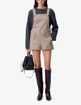 Claudie Pierlot Womens Multicolored Checked Side-pocket Wool-blend Playsuit In Brown