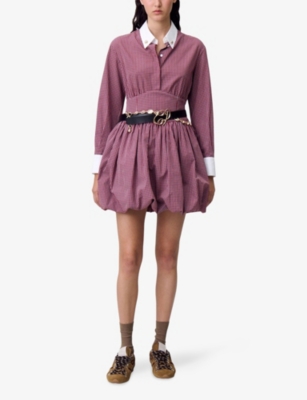 Claudie Pierlot Womens Burgundy Print Checked Contrast-collar Cotton-poplin Mini Dress In Red