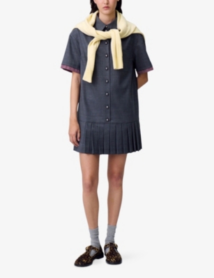 Claudie Pierlot Womens Anthracite Checked Pleated Wool-blend Mini Dress In Gray